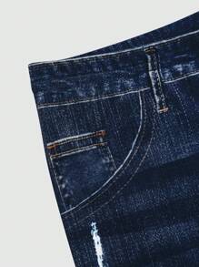 Women's Slim Fit Distressed Pattern Denim Effect Shorts, Summer Fashion - Medium Wash - View 5