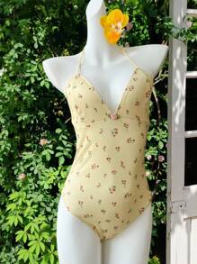 Comfortcana New Summer Beach Dress Vacation Outfits Butter Yellow Ditsy Floral Holiday Summer Bodysuit Seaside Beach