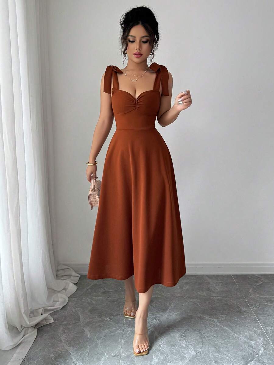 Elenzga Vestido elegante y romántico para mujer con tirantes de espagueti sin mangas, lazo en la cintura y línea A, ideal para fiestas de música y festivales