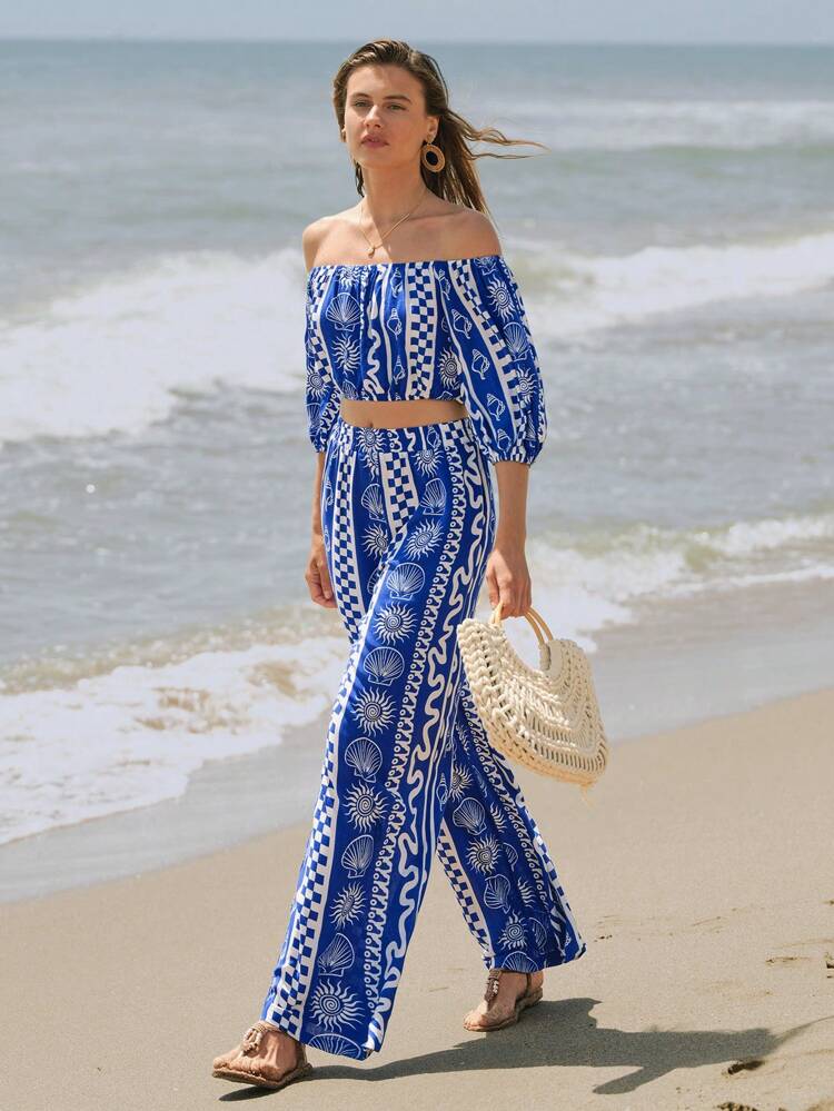 SHEIN Maija Women Geometric Print Strapless Lantern Sleeve Crop Top And Elastic Waist Loose Straight Leg Pants 2 Pieces Set, Casual, Comfortable, Suitable For Summer, Beach, Hawaii Resort