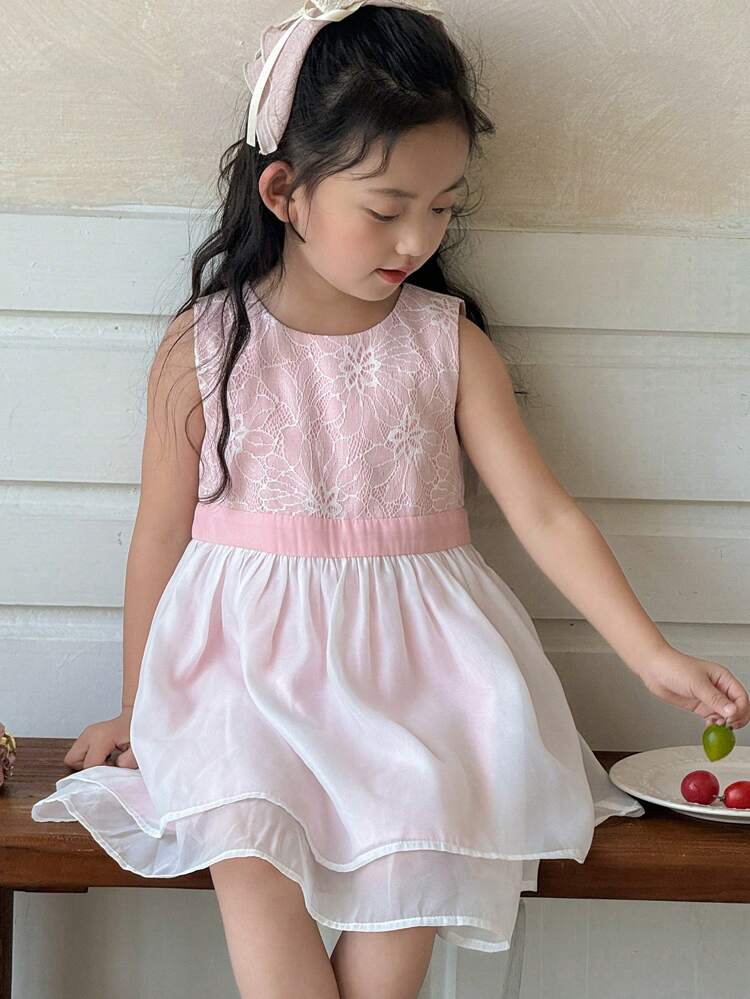 Young Girls Round Neck Floral Mid-Length Tulle Birthday Party Dress, Summer