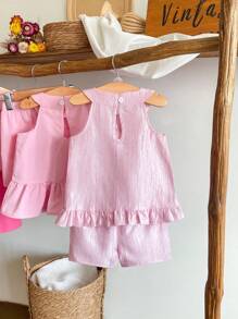 SHEIN 2pcs Baby Girl Summer Outfit - Sleeveless Top + Floral Skorts Set - Pink - View 2