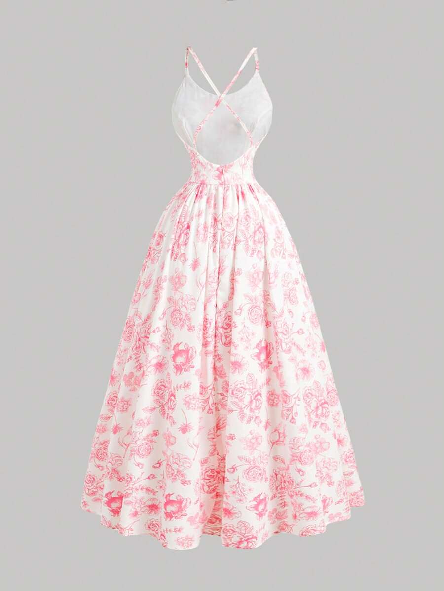 SHEIN MOD Robe mi-longue avec imprimé floral et dos nu pour femmes, robe dos nu, robe d'été, robes romantiques, tenues de vacances pour femmes, tenues de plage pour femmes, vêtements occidentaux pour femmes, robes de printemps pour femmes, robe d'été, robe fleurie - Rose saumon - Voir 1