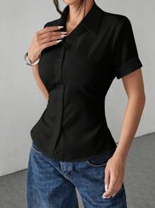 SHEIN PETITE White Women's Shirt Waist Cinch Pleated Short Sleeve Shirt - Black - View 6