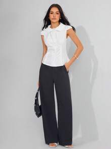 Roylia Áo cánh dệt chấm bi bo gấu nhún bèo eo cho nữ, áo sơ mi đi làm thường ngày phù hợp để đi học, mặc hàng ngày, cuộc sống đô thị - Đen và trắng - Xem 6