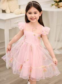 Glamorique Kids Young Girls Flower Bridesmaid Dress, Wedding, Flower Girl , Elegant , Pink Embroidered Flowers Dress,Young Girl Summer Dress ,Party Performance,Suitable For Formal Occasions, Stage, Piano Performance, Pink Tulle Dress For Kids, Pink Little Girl Princess Dresses - Pink - View 4