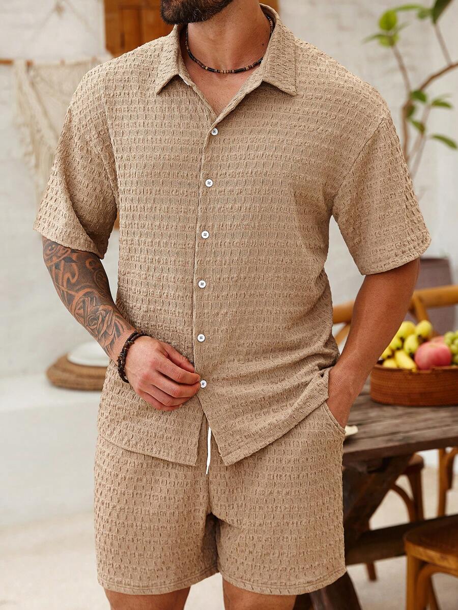 ResortEase Plus Size Men Textured Casual Shirt Set - Khaki - View 1