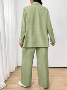 EMERY ROSE 大码女式纯色翻领长袖西装外套和裤子套装，适合毕业、返校、教师服装 - 薄荷綠 - 查看 2