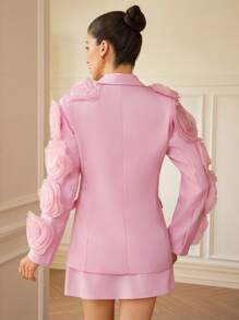 Aveloria Rosie Elegant And Refined Loose Fit Wide-Shoulder Women's Suit Set With Handmade Satin-Feel 3D Floral Decoration, Suitable For Commuting, Parties, And Social Events - Includes Long Sleeve Jacket And Short Skirt In Pink And Purple Fall Cloth For Women - Pink - View 2