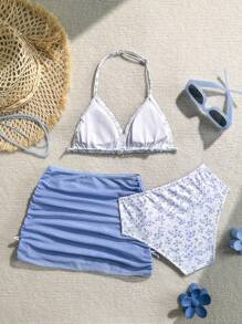 3pcs/Set Tween Girls Floral Print Tankini Swimsuit With Skirt - Multicolor - View 7