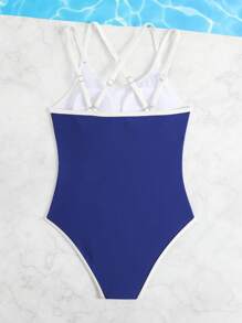 女童连体蓝色纯色交叉肩带可调节泳衣 - 藍色 - 查看 4