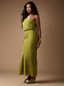 MISSGUIDED 雪纺抹胸长裙露肩高腰兰花细节夏季婚礼宾客及地正式活动度假装 - 軍綠色 - 查看 5