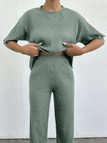 EURMUSE 简约夏季纯色宽松落肩短袖上衣和直筒裤 - 薄荷綠 - 查看 3