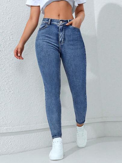 Flexra Women's Solid Color Simple Casual Denim Jeans