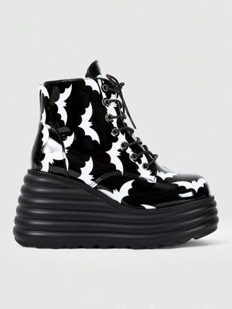 Grunge Punk Stivaletti alla caviglia e stivaletti corti da donna con lacci, stampa a pipistrello, casual, versatili, adatti per Ognissanti