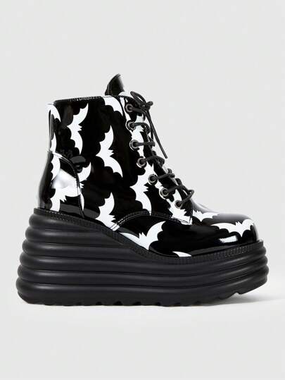 Grunge Punk بوت كاحل نسائية بطبعة الخفاش مع رباط وكعب منصة، بوت قصيرة متعددة الاستخدامات، مناسبة لعيد الهالوين