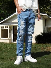 Manfinity Roughcore Jeans décontractés et délavés effilochés pour hommes - Jean clair - Voir 5