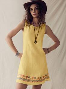 SHEIN LUNE 夏季休闲海滩度假亚麻纹理杏色无袖 A 字女式连衣裙 - 黃色 - 查看 5