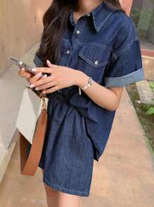 DAZY 女式深色水洗牛仔翻领仿口袋短袖宽松牛仔衬衫和松紧腰牛仔短裤两件套秋冬 - 深色水洗藍 - 查看 7