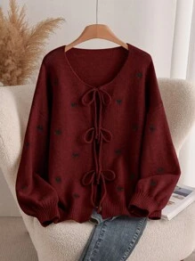 SHEIN CURVE+ 大码休闲心形刺绣系带开衫夏季/乡村/海滩度假装/沙滩装/沙滩装 - 紅色 - 查看 7