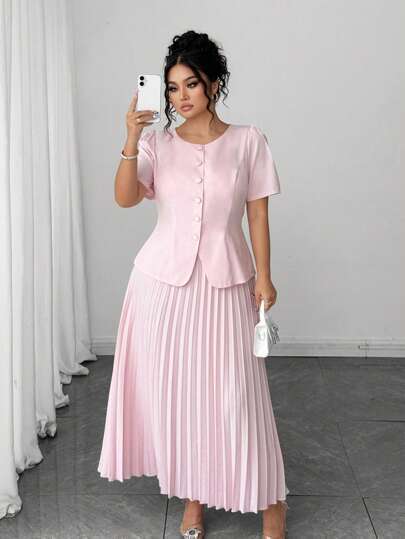 Elenzga Bộ hai món: Chân váy xếp ly thanh lịch, trang phục công sở phong cách lãng mạn Pháp thời trang cho nữ mùa hè, quần áo cỡ lớn, bộ đồ công sở nữ, trang phục sinh nhật nữ, bộ đồ hè nữ, váy nữ, đầm dạ hội thanh lịch.