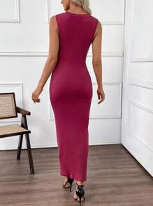 SHEIN LUNE Vestido de fiesta de verano para mujer, ajustado y de un solo color, sin mangas - Rojo - Ver 2