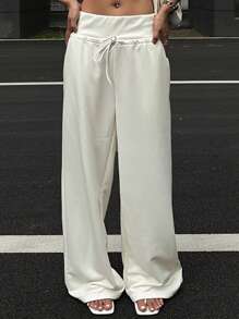 DAZY 女式纯色宽松抽绳腰休闲运动运动裤，夏季女式慢跑裤 - 白色 - 查看 6