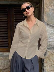 DAZY Blusa casual, elegante y vintage de manga larga con cintura ajustada y unicolor para mujer, otoño