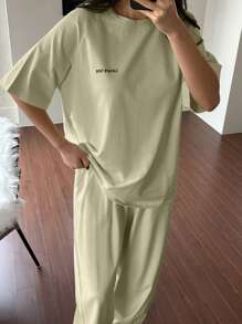 DAZY 2 件套女士字母印花柔软舒适家居服套装，返校服睡衣 - 軍綠色 - 查看 5