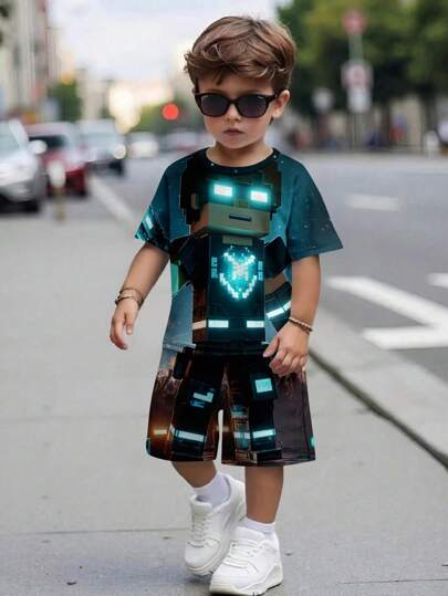 2 Pieces Young Boy Casual Minimalist Classic Cool Futuristic Cyberpunk Pixel Block Mechanic Hero Warrior Print Crew Neck Short Sleeve T-Shirt And Shorts Set, Suitable For Summer