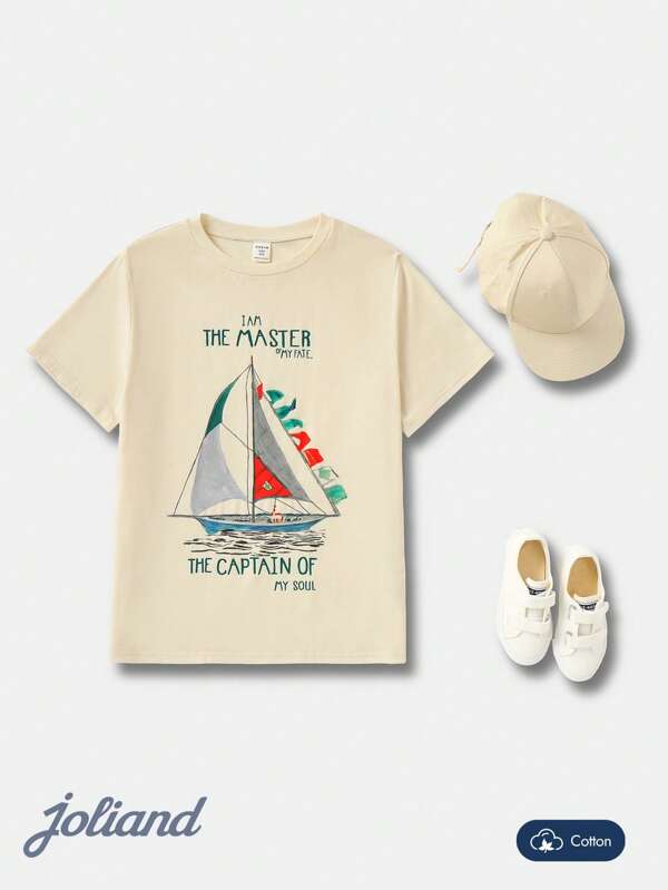 Joliand Joliand 1 tricou casual lejer pentru băieți, cu guler rotund și imprimeu drăguț cu navă nautică, potrivit pentru stil urban elegant, ținute de zi cu zi, ieșiri, acasă, plajă, vară