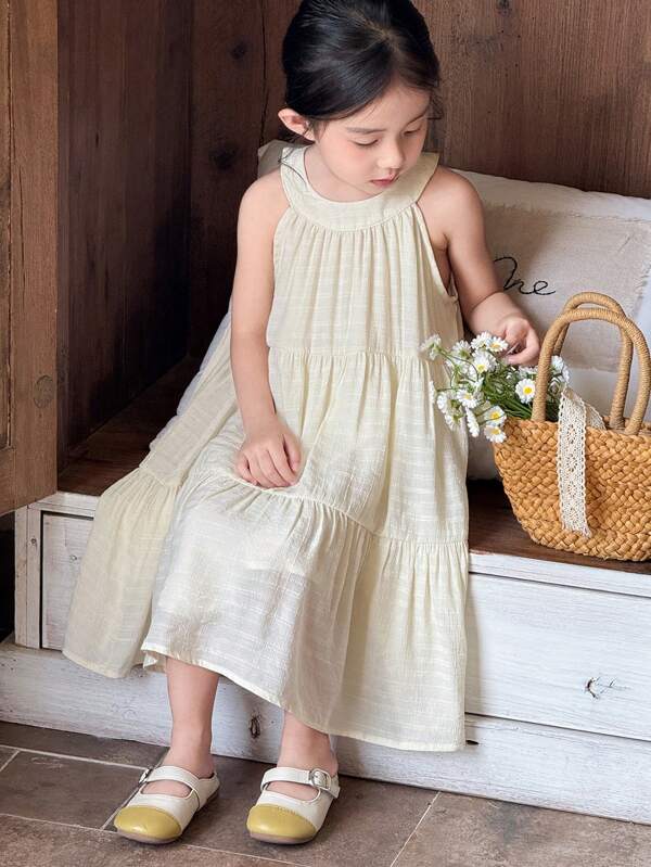 Zikori Zikori Young Girls' Khaki Sleeveless A-Line Dress, Japanese/Korean Princess Style