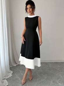 Selianne Đầm midi hở lưng, hở vai, cổ chữ V, eo thanh lịch, thoải mái, quyến rũ, đi làm, đi nghỉ, thời trang thanh lịch cho nữ - Đen và trắng - Xem 6