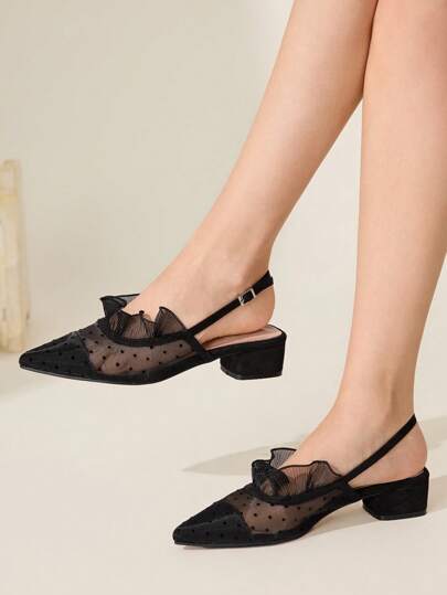 CUCCOO CHICEST 女式黑色波尔卡圆点网眼性感优雅仙女舒适透气低跟一脚蹬芭蕾平底鞋