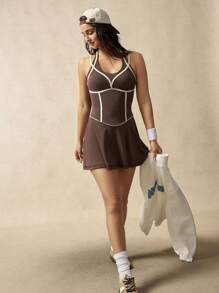 VARSIVA Women's Chocolate Brown Sleeveless Scoop Neck Knitted Tennis Dress With Built-In Shorts And Mini Skirt - Chocolate Brown - View 3