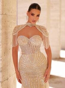 Glamrae Vestido elegante y lujoso con contraste de malla, perlas y lentejuelas en diseño de cola de pez con mangas con flecos, adecuado para bodas, fiestas, vacaciones, galas y vestidos de noche (Resistente)