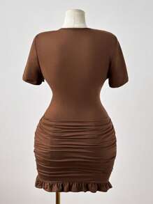Sunspun Đầm bodycon khoét eo cổ chữ V buộc nơ cỡ lớn cho nữ - Màu Khaki - Xem 2