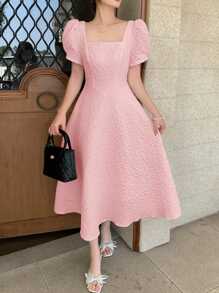 SHEIN Leap Crew Vestido midi de línea A, cuello cuadrado, manga abullonada, textura tejida, color rosa sólido, elegante y retro, adecuado para fiestas, eventos elegantes, compras, bodas, fiestas de cumpleaños, bailes y ocasiones de dama de honor para chicas adolescentes - Rosa - Ver 3