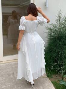 Dazy Plus Contrast Lace Ruffle Hem Waist Flattering White Long Dress, Short Sleeve, Summer - White - View 2