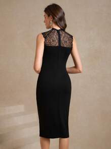 Amorya 蕾丝拼布修身黑色无袖优雅连衣裙 - 黑色 - 查看 2