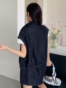 DAZY 女式抽绳腰立领无袖开衫夹克和短款牛仔裙套装，休闲街头风格 - 深色水洗藍 - 查看 5