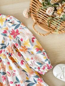SHEIN Vestido casual de manga larga con estampado floral y ajuste holgado para bebé niña - Multicolor - Ver 3