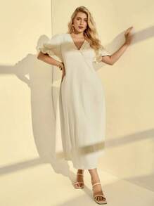 Auralis Vestido de verão plus size, cor sólida, decote em V, manga curta, bainha com babados, cintura marcada - Damasco - Ver 5