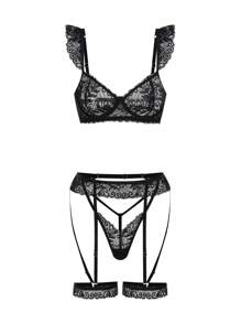 2 piezas Conjunto de lencería Romántico y Sexy con Balconette con Volantes de Encaje Floral, Color Negro - Negro - Ver 8