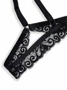 2 piezas Conjunto de lencería Romántico y Sexy con Balconette con Volantes de Encaje Floral, Color Negro - Negro - Ver 11