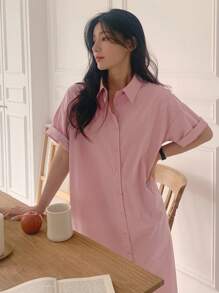 DAZY 女士宽松短袖中长衬衫裙 - 粉色 - 查看 8