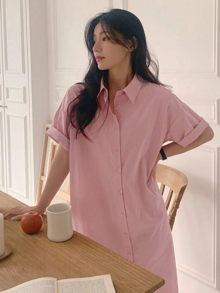 Women Loose Short Sleeve Mid-Length Shirt Dress Maxi Dress