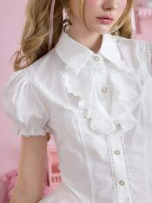 ROMWE Kawaii Blusa Lolita da donna estiva aderente, con decorazione fiocco a contrasto, maniche a palloncino, orlo arricciato a balze