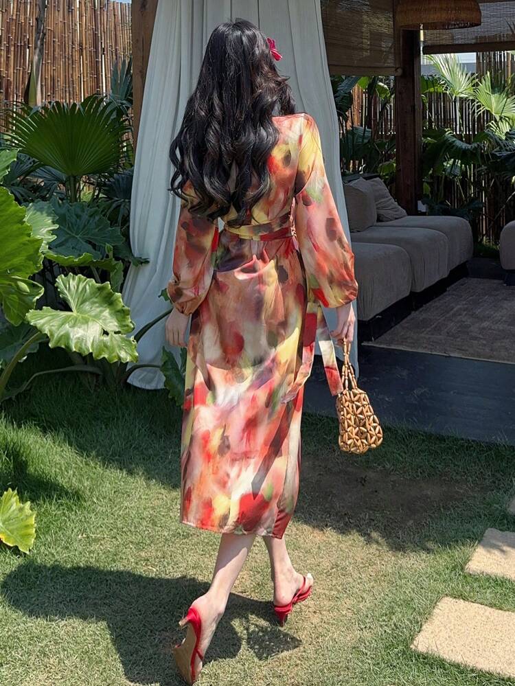 Fall New Vintage High-End Sunset Tie-Dye Design Sexy Elegant Dress For Women Long Sleeve Dress Floral Maxi Dress