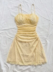 Soleia 女士花卉蕾丝荷叶边时尚细肩带黄色迷你连衣裙，俱乐部服装女士性感 - 黃色 - 查看 7